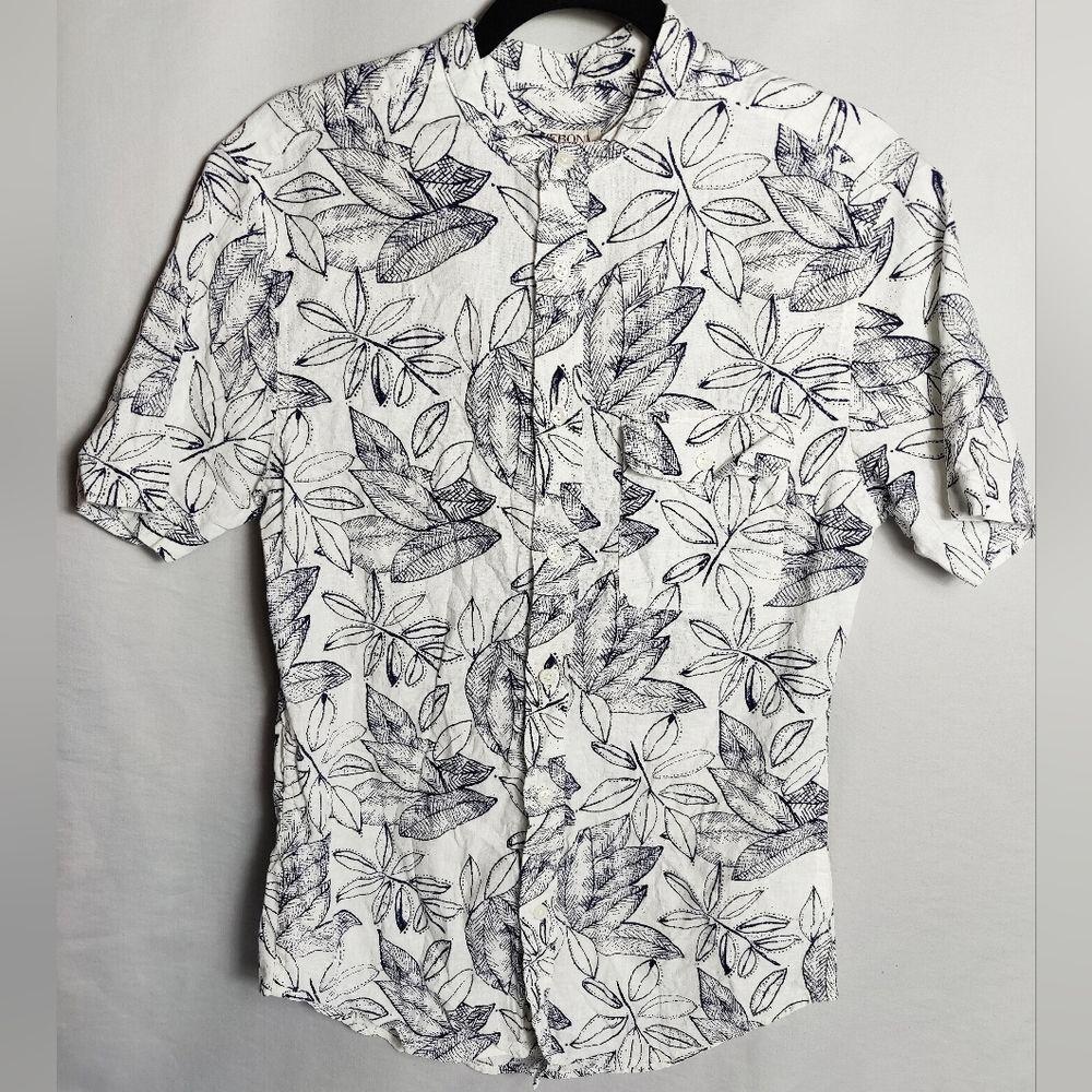 Merona Tropical Hawaiian Print Linen Button Up Shirt White/Navy Sz S